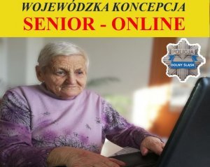 plakat z wizerunkiem kobiety w podeszłym wieku, która siedzi przed monitorem i napis senior online