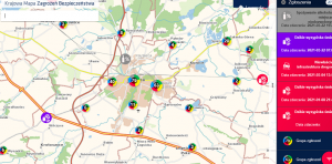 aplikacja krajowej mapy zagrożeń bezpieczeństwa z widokiem na  powiat legnicki i zaznaczone punkty dotyczące nieprawidłowości