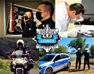 Obraz przedstawia kolarz zdjęć. Na jednym funkcjonariusze Policji składają ślubowanie przy sztandarze trzymając podniesioną rękę, na drugim technik kryminalistyki wykonuje oględziny, na kolejnym policjant drogówki jedzie na motocyklu, a ostatnie zdjęcie przedstawia policjantów Ruchu Drogowego przy akwenie wodnym obok radiowozu.