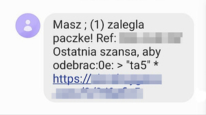 Wiadomość sms o zaległej paczce z załączonym linkiem.