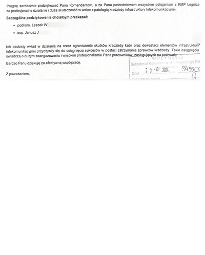 Podziękowania dla legnickich policjantów za skuteczne działania w sprawie kradzieży infrastruktury telekomunikacyjnej