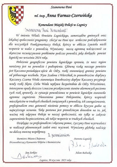 Podziękowania od Władz Powiatu Legnickiego za pracę policjantów podczas powodzi