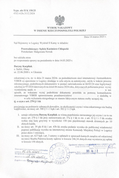 WYROK SYGN.AKT II K 158/25 dot. Daryny Karpliuk