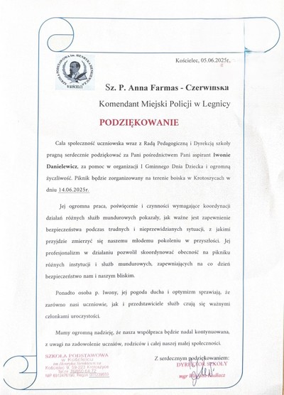 Podziękowania dla asp. Iwony Danielewicz i Naczelnika Tomasza Płaszczyka za organizację I Gminnego Dnia Dziecka w Krotoszycach