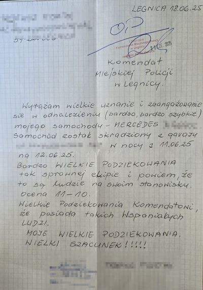 Podziękowania za profesjonalizm i skuteczność legnickich funkcjonariuszy