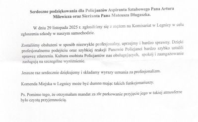Podziękowania dla funkcjonariuszy Komendy Miejskiej Policji w Legnicy