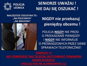 oszustwo na wnuczka plakat przestawiający osobę, która przekazuje pieniądze mężczyźnie stojącemu przy drzwiach